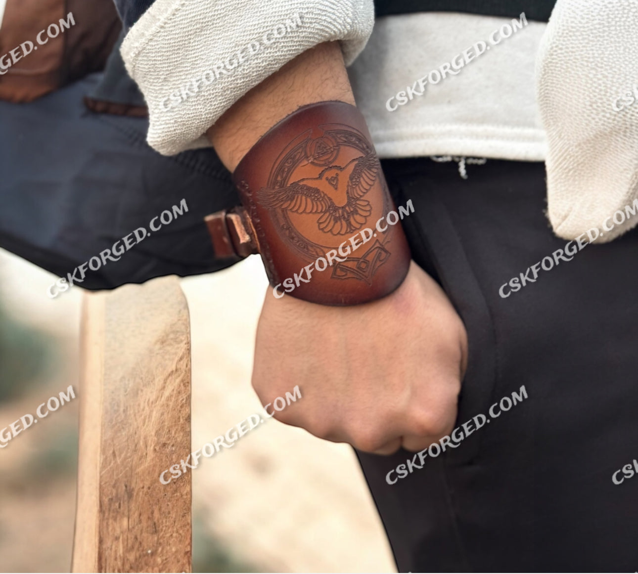 cskforged Handcrafted Viking Leather Cuff – Norse Raven Wristband | Medieval & Nordic Arm Guard