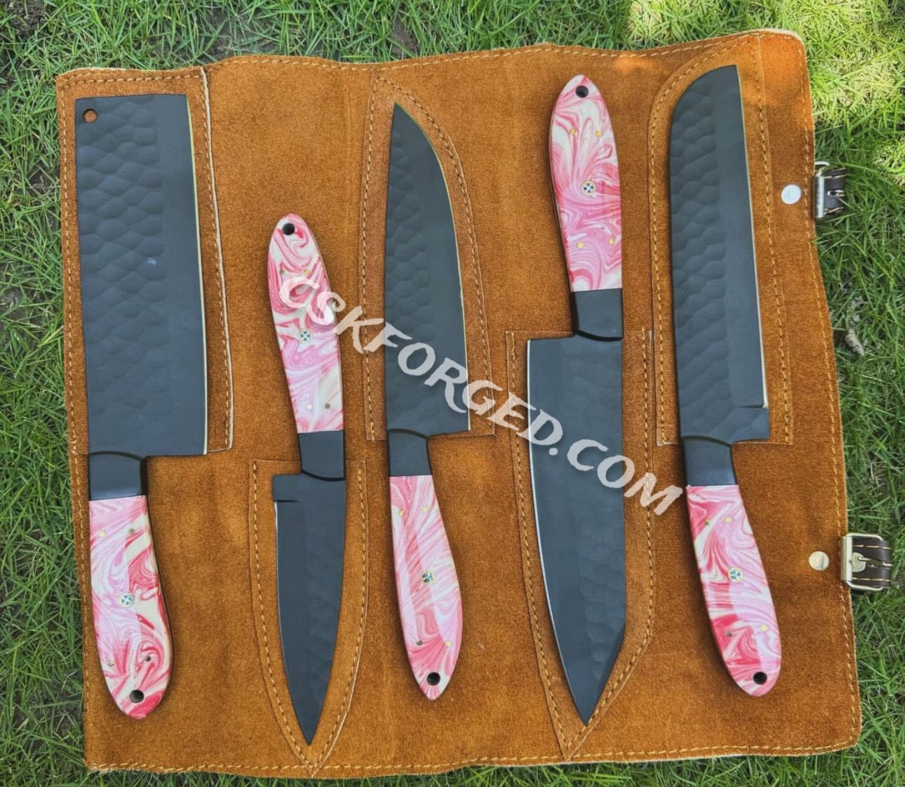 cskforged HandMade Chef Knife Set with Unique Marbled Pink Handles