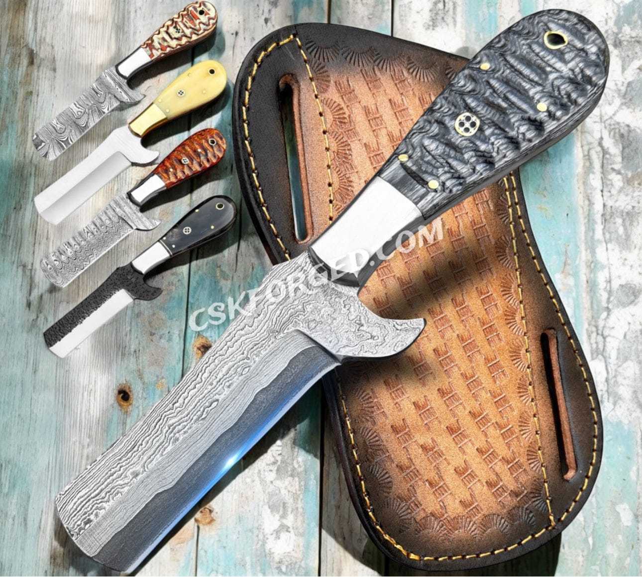 cskforged Handmade  Damascus Cowboy Bull cutter knife with leather sheath