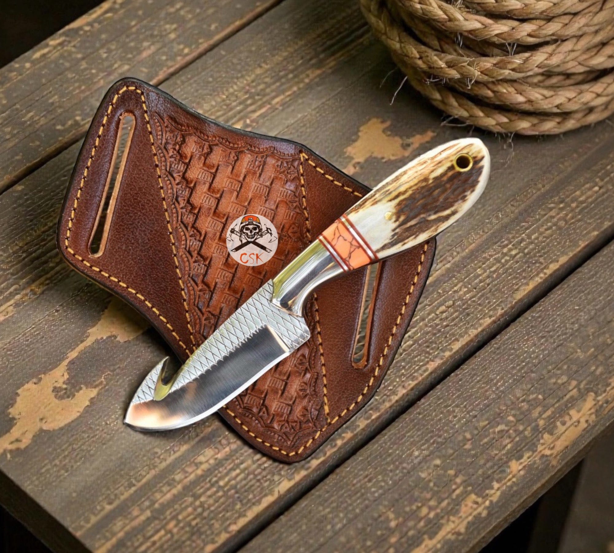 cskforged Handmade Rasp Steel Cowboy Gut Hook Knife with Stag Horn and Turquoise Handle - Leather Belt Sheath
