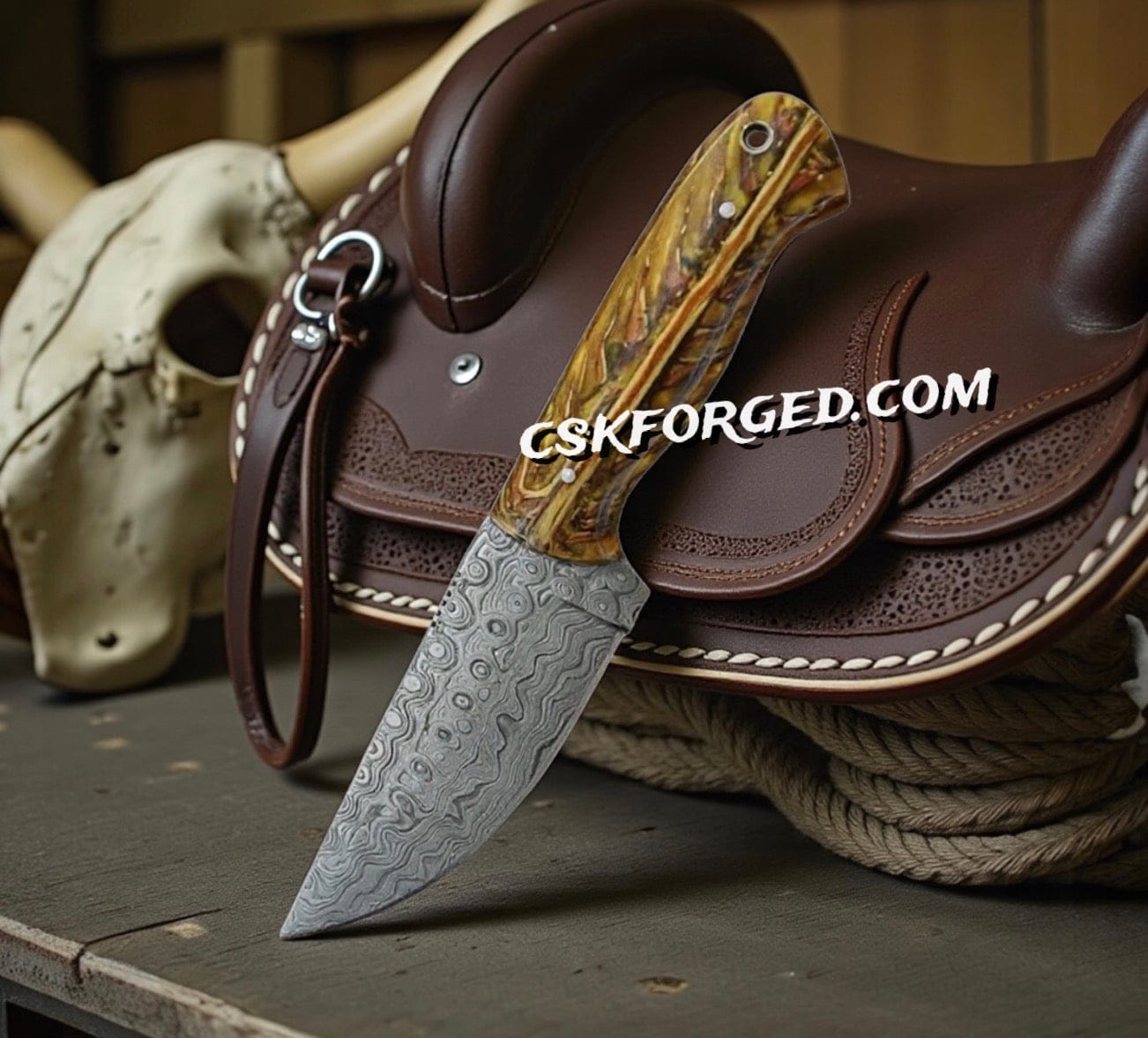 cskforged Hunting knives Cowboy Belt Knife 8" Damascus Blade with Pine-Cone Handle
