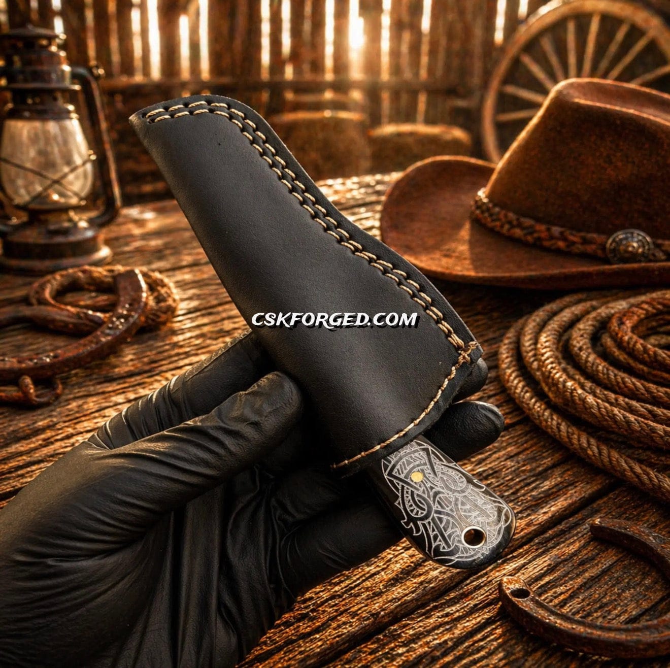 cskforged Hunting knives Cowboy Knife Damascus Bullcutter Buffalo Horn Hunting Knife Pancake Sheath