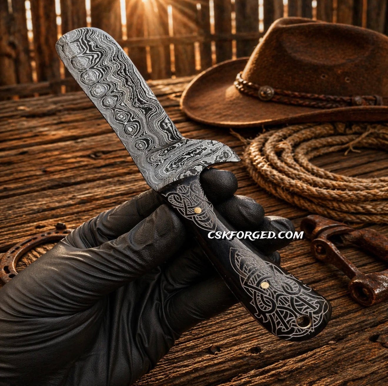 cskforged Hunting knives Cowboy Knife Damascus Bullcutter Buffalo Horn Hunting Knife Pancake Sheath
