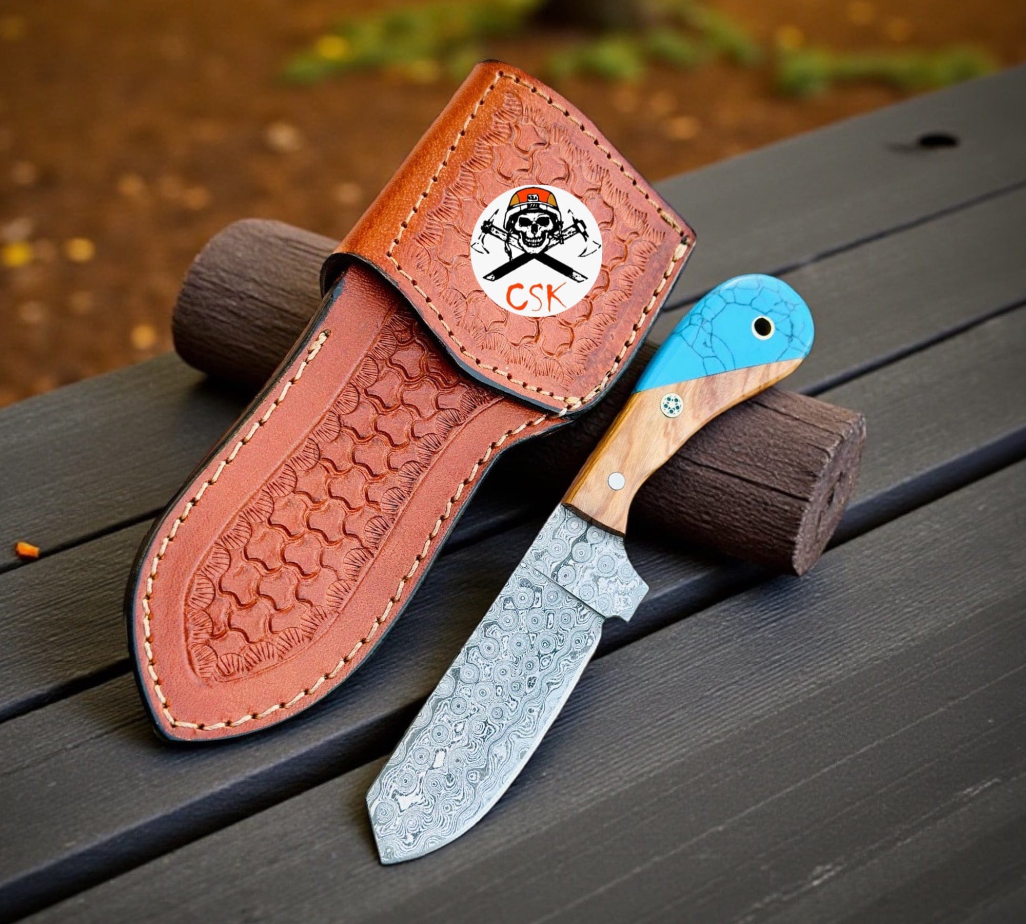 cskforged Hunting knives Cross Draw Sheath Knife - 8” Damascus Steel Blade, Wood & Turquoise Handle