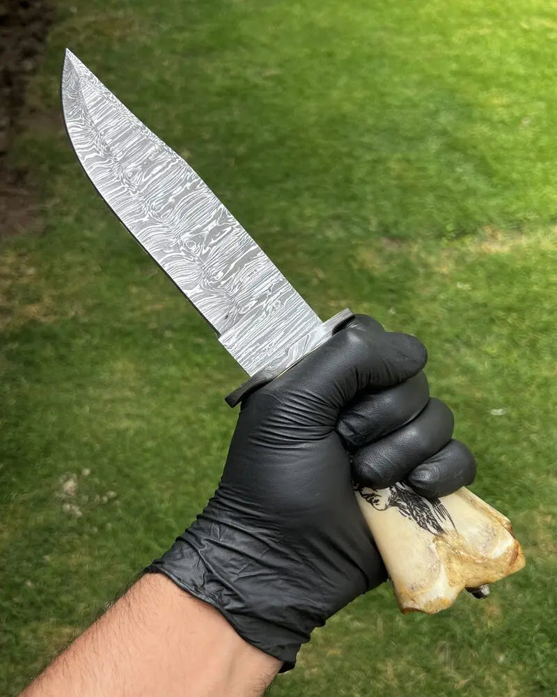 cskforged Hunting knives Custom Damascus Blade Knife with Tribal Carved Bone Handle & Protective Sheath