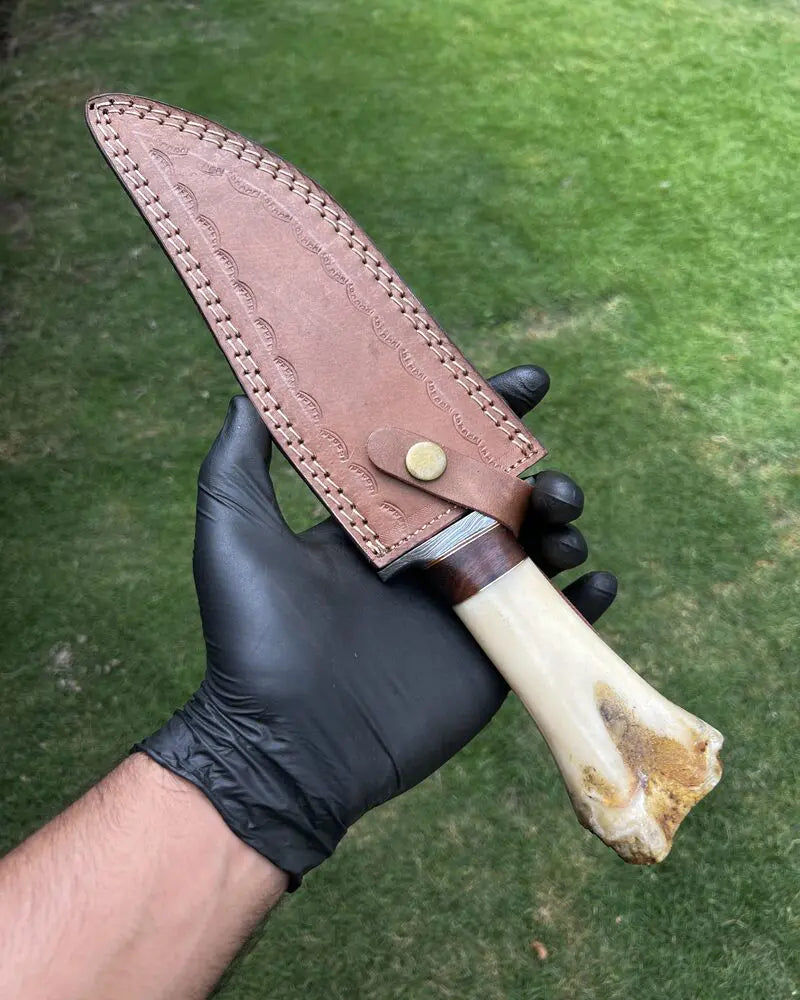 cskforged Hunting knives Custom Damascus Blade Knife with Tribal Carved Bone Handle & Protective Sheath