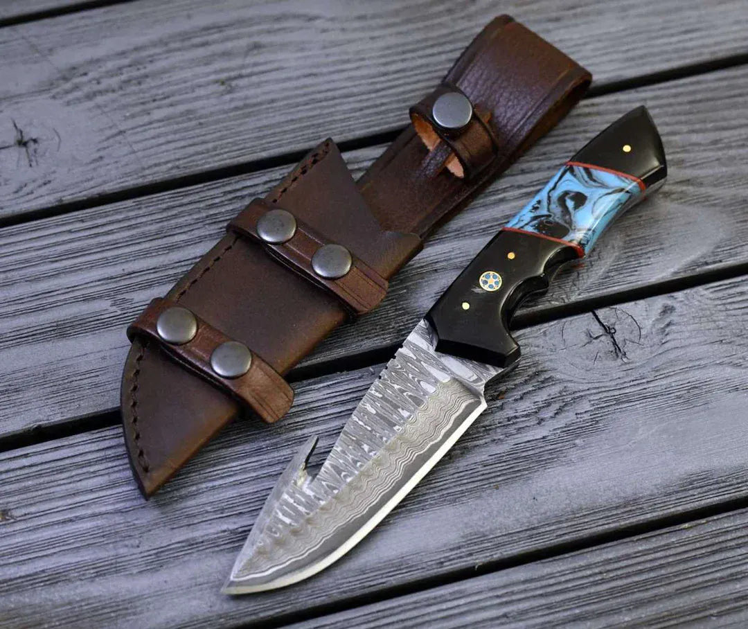 cskforged Hunting knives DAMASCUS EVOKE HOOK KNIFE, Resin & TURQUOISE HANDLE