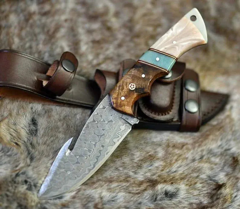 cskforged Hunting knives DAMASCUS EVOKE HOOK KNIFE, Rose Wood & TURQUOISE HANDLE Overall 6.25”