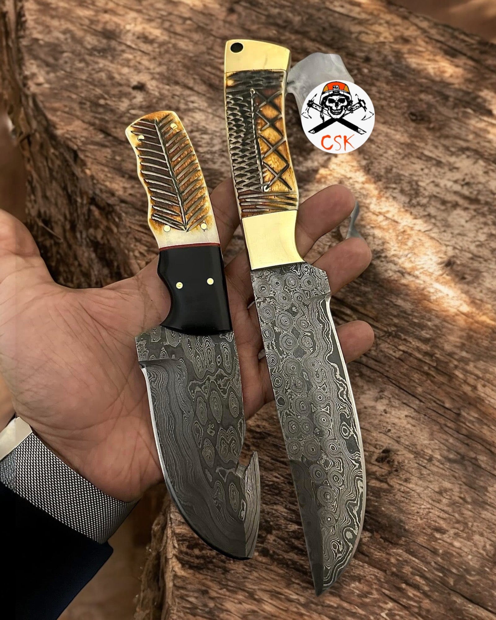 cskforged Hunting knives Damascus Hunting Set Hand-Carved Bone Handle Knives