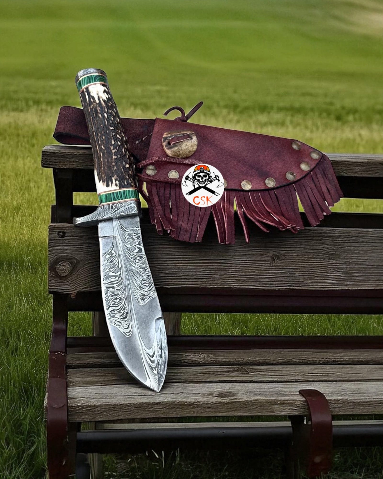 cskforged Hunting knives Damascus Steel Hunting Knife – Antler Handle with Custom Western Leather Sheath