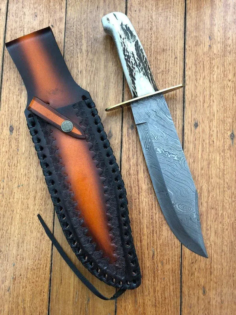cskforged Hunting knives Deluxe Dundee Hunting Knife with Full Tang Damascus Steel Blade and Antler Horn Handle