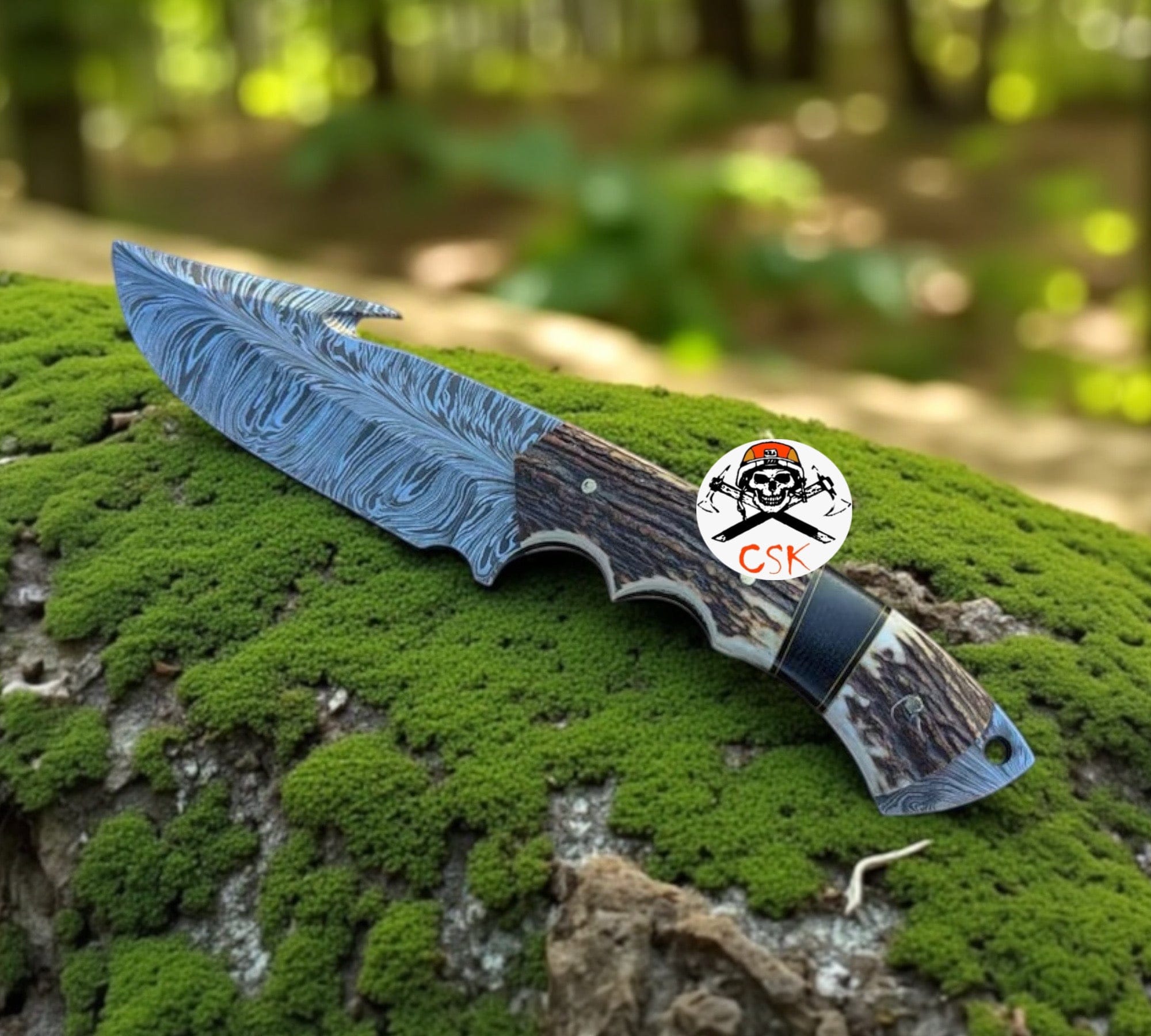 cskforged Hunting knives FEATHER DAMASCUS EVOKE HOOK KNIFE ANTLER HANDLE