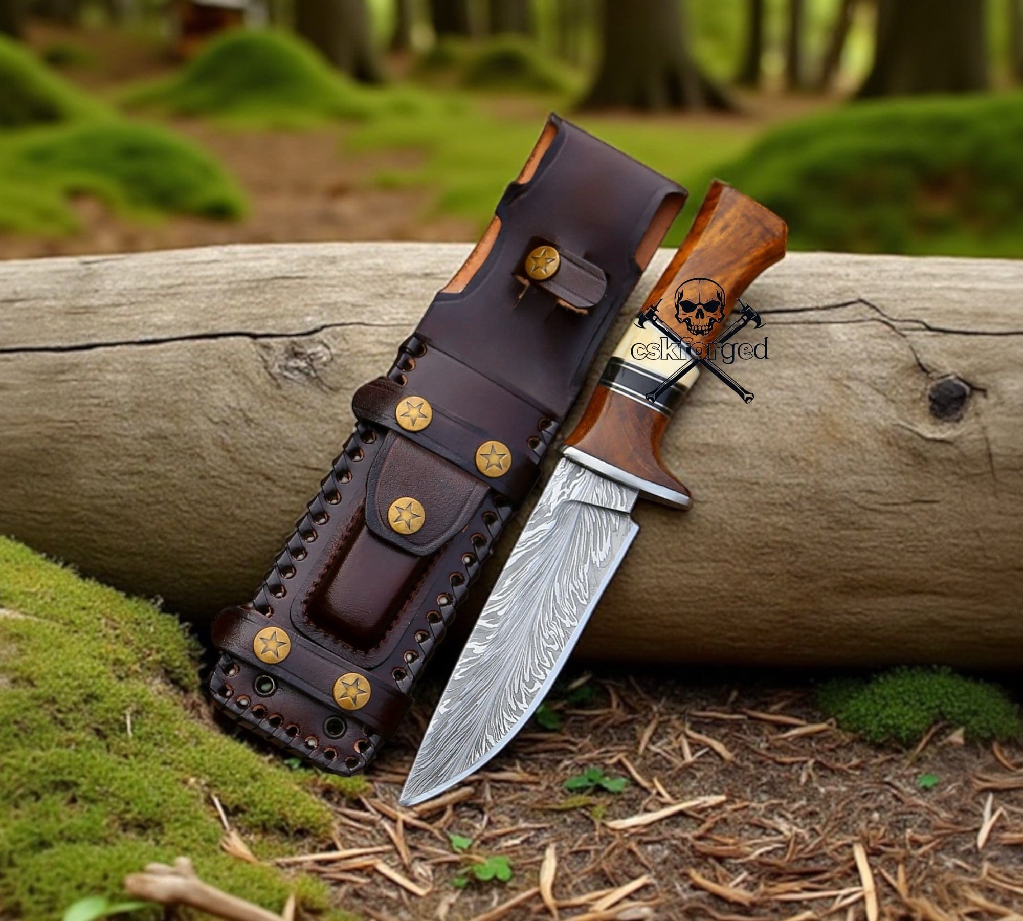 cskforged Hunting knives Feather Damascus Hunting Knife with Exotic Rose Wood Handle