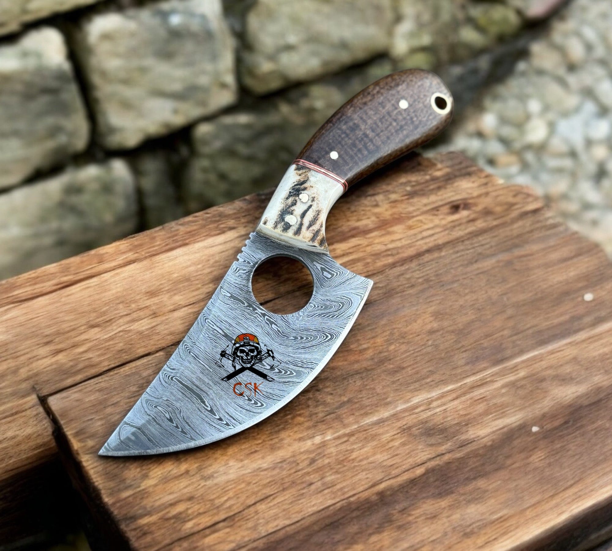 cskforged Hunting knives GutHook Cleaver Knife Hand-Forged Damascus Steel Cleaver Knife with Finger HoleHunting,Camping,and Bushcraft Tool