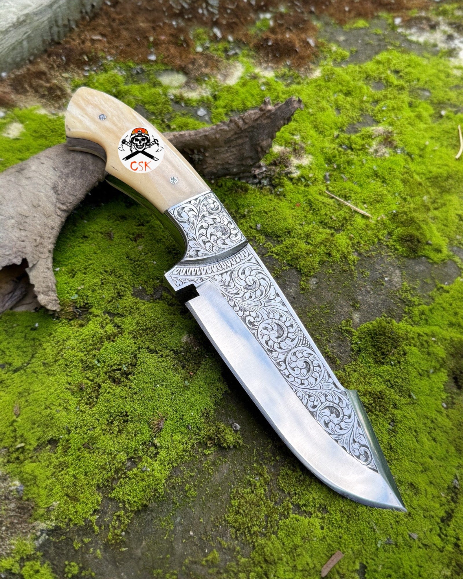 cskforged Hunting knives Hand-Engraved Hunting Knife – Custom Fixed Blade with Bone Handle & Ornate Scrollwork