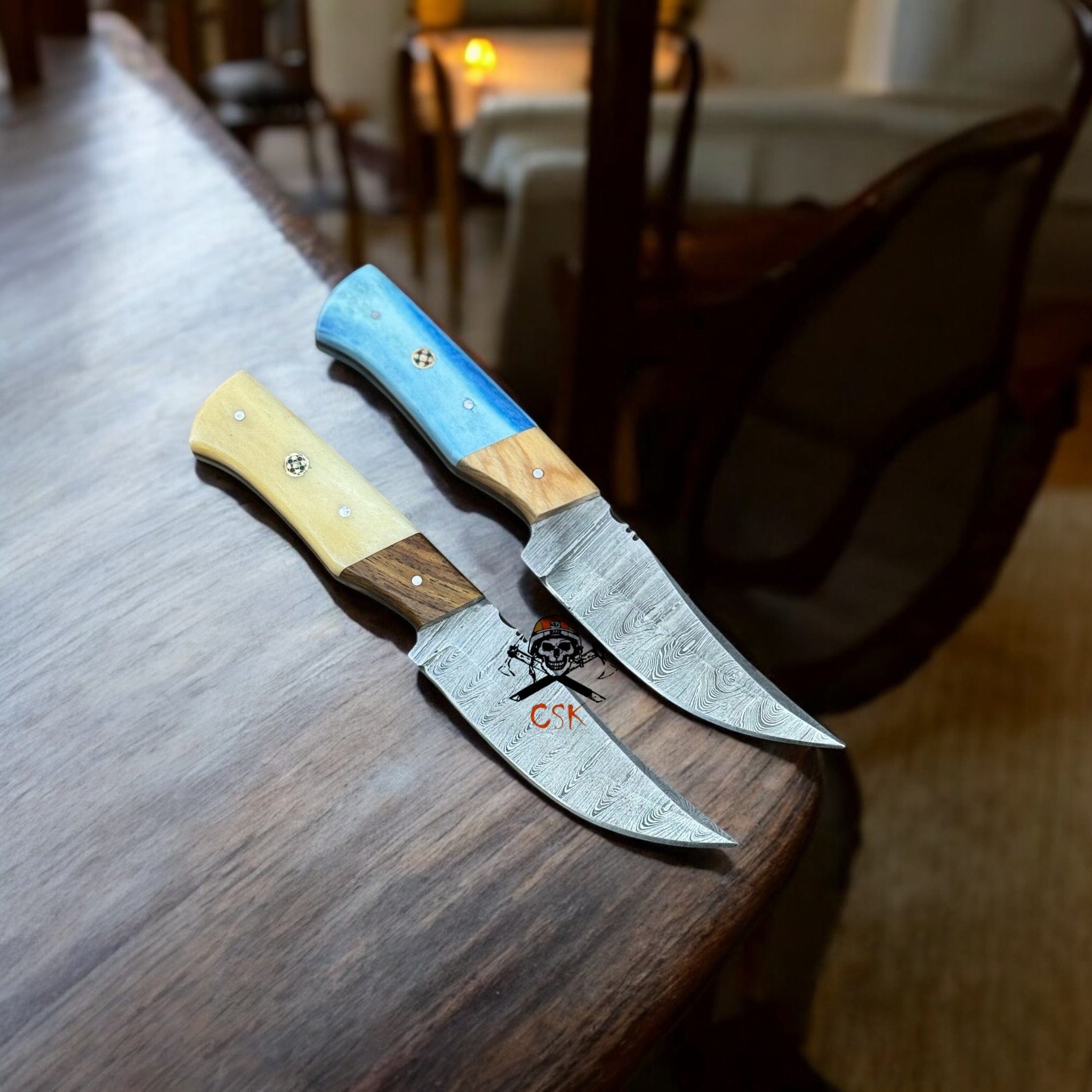 cskforged Hunting knives Hand-Forged Damascus Hunting Knife Set 8” Full Tang Blades Bone Handle