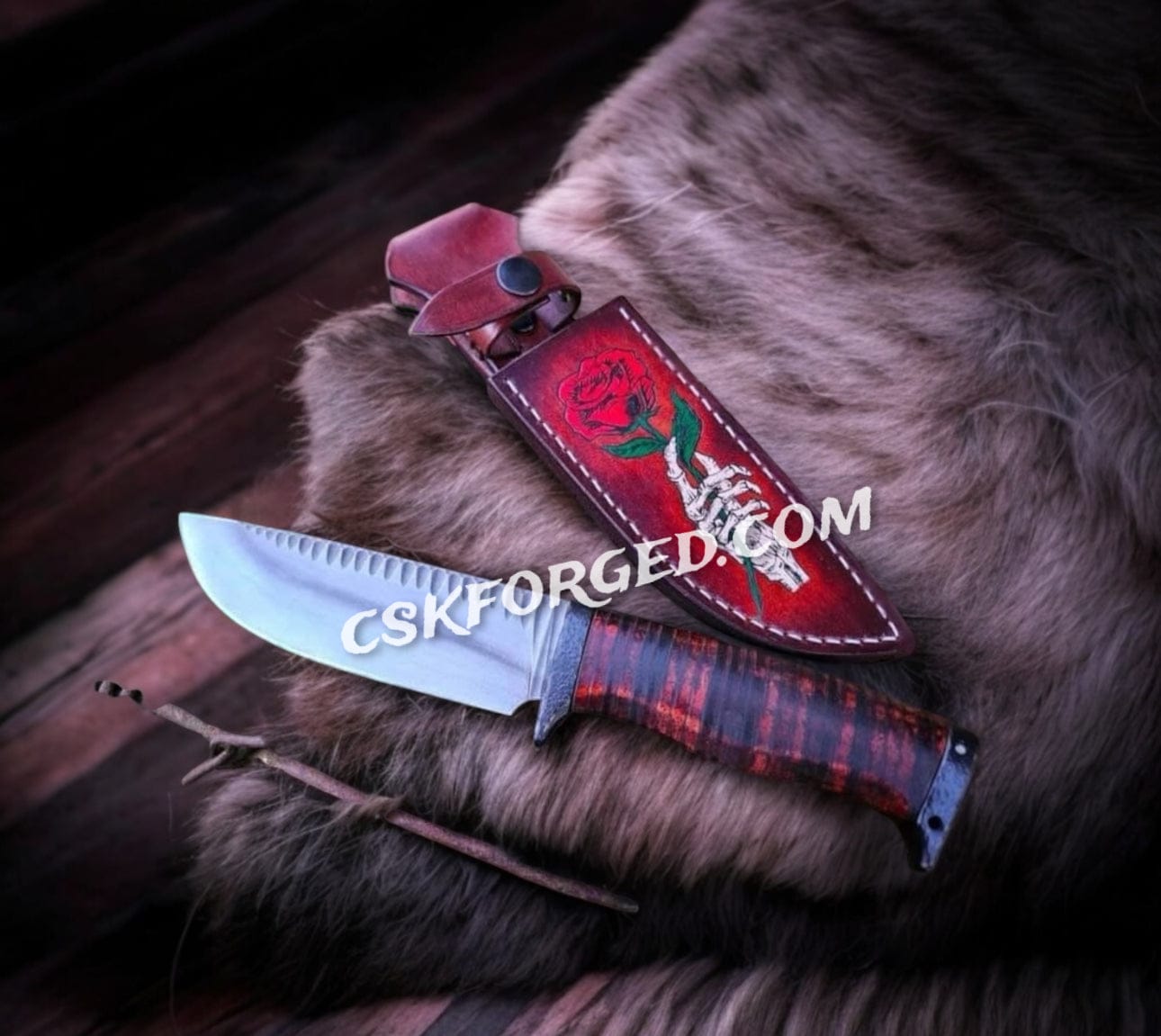 cskforged Hunting knives Hand-Forged High Carbon Steel Hunting Knife – Acid-Etched Blade with Flower Engraved Leather Sheath