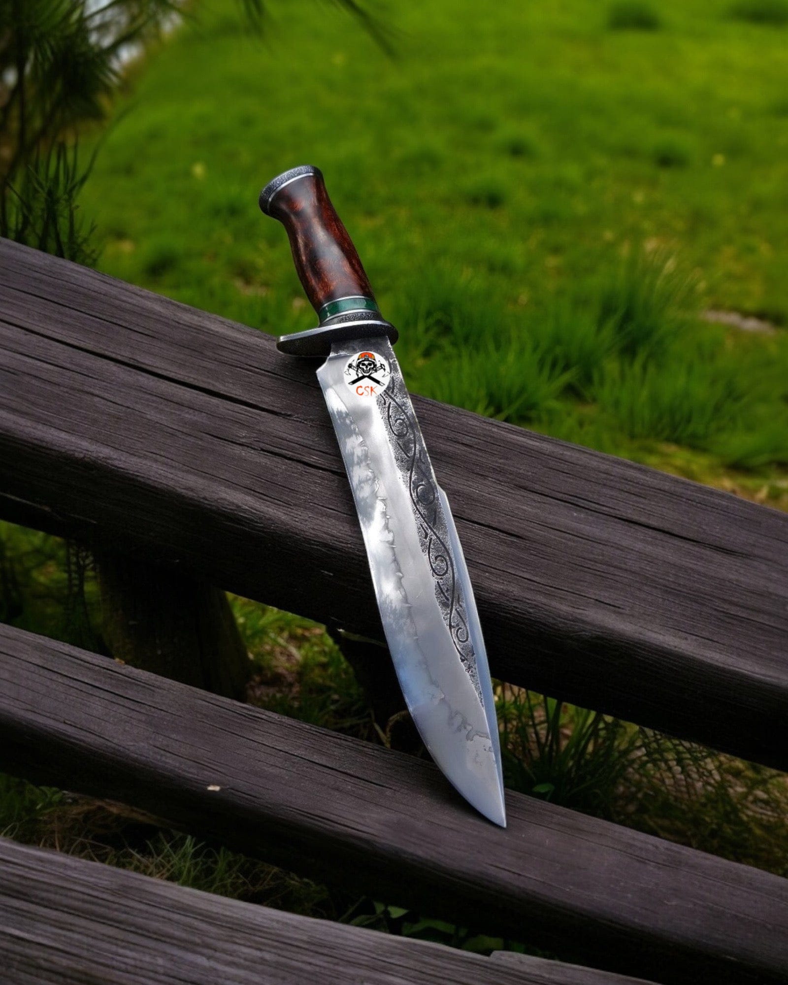 cskforged Hunting knives Handmade Along Bowie Knife – 15” Custom Hunting Knife with Etched Blade & Wooden Handle