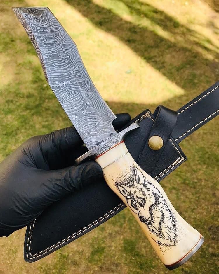 cskforged Hunting knives Handmade Damascus Hunting Camping Knife with Stained Bone,Damascus Guard and Pommel Handle