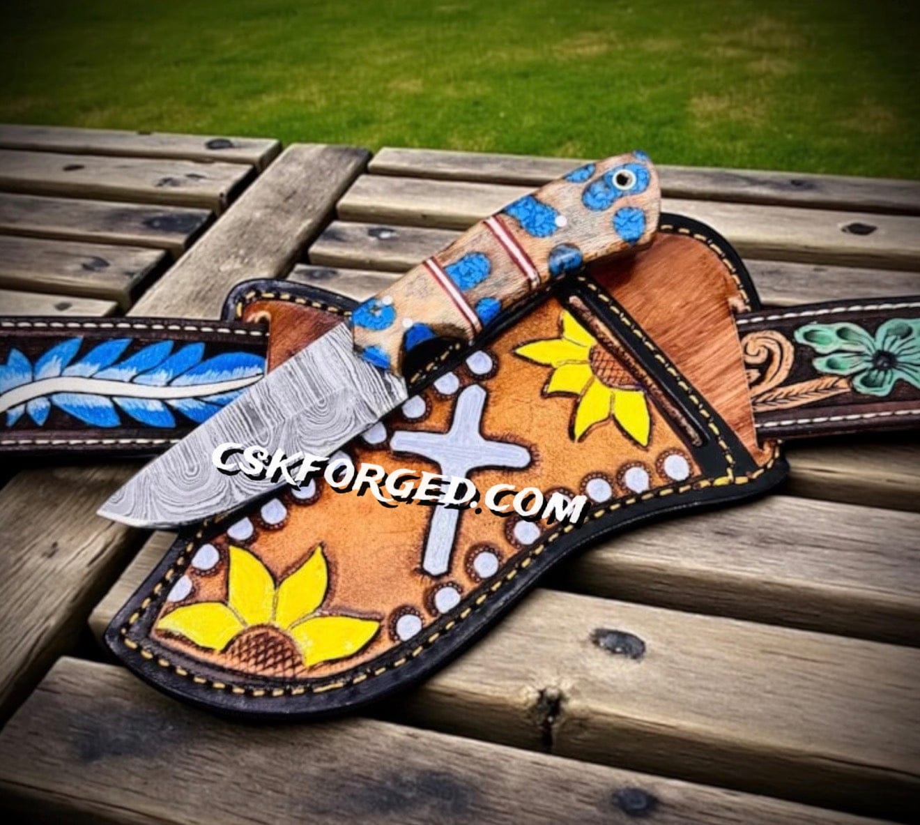 cskforged Hunting knives Handmade Ranch Knife with Turquoise Epoxy Ash Wood Handle