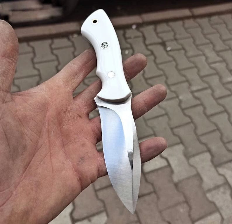 cskforged Hunting knives Hunting Knife 1095 Carbon Steel and White Corian Handle -Blacksmith Made Camping Knife - Bushcraft Knife - Survival Knife with Sheath