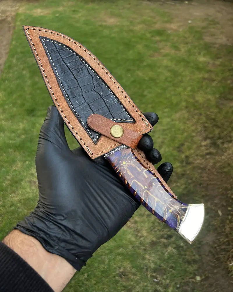 cskforged Hunting knives Premium Damascus Knife with Pine Corn Resin Handle & Protective Leather Sheath