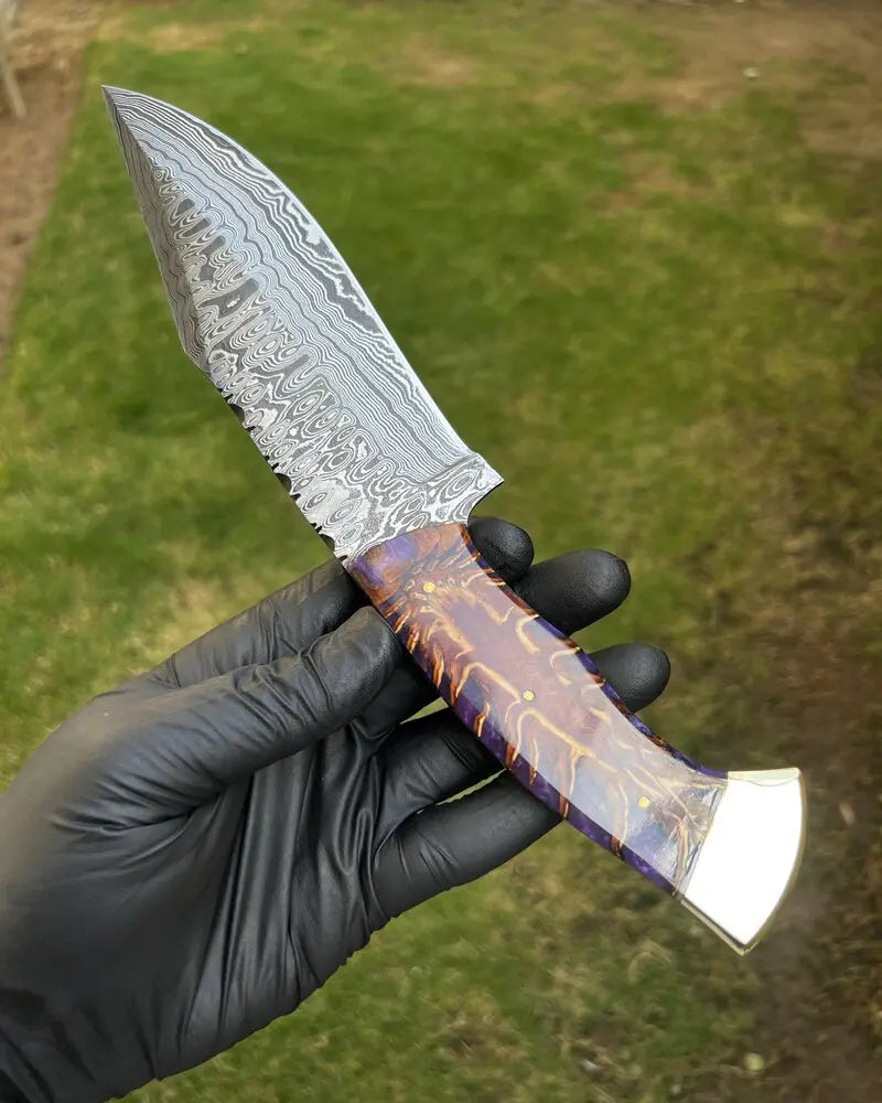 cskforged Hunting knives Premium Damascus Knife with Pine Corn Resin Handle & Protective Leather Sheath