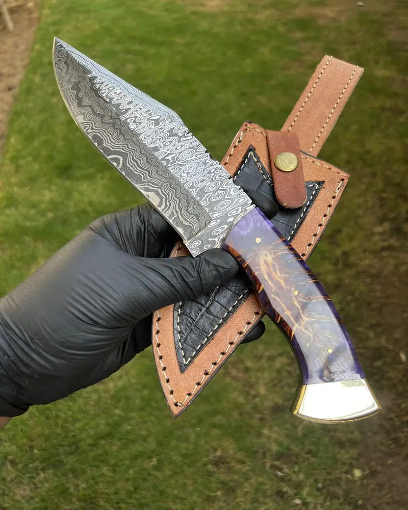 cskforged Hunting knives Premium Damascus Knife with Pine Corn Resin Handle & Protective Leather Sheath