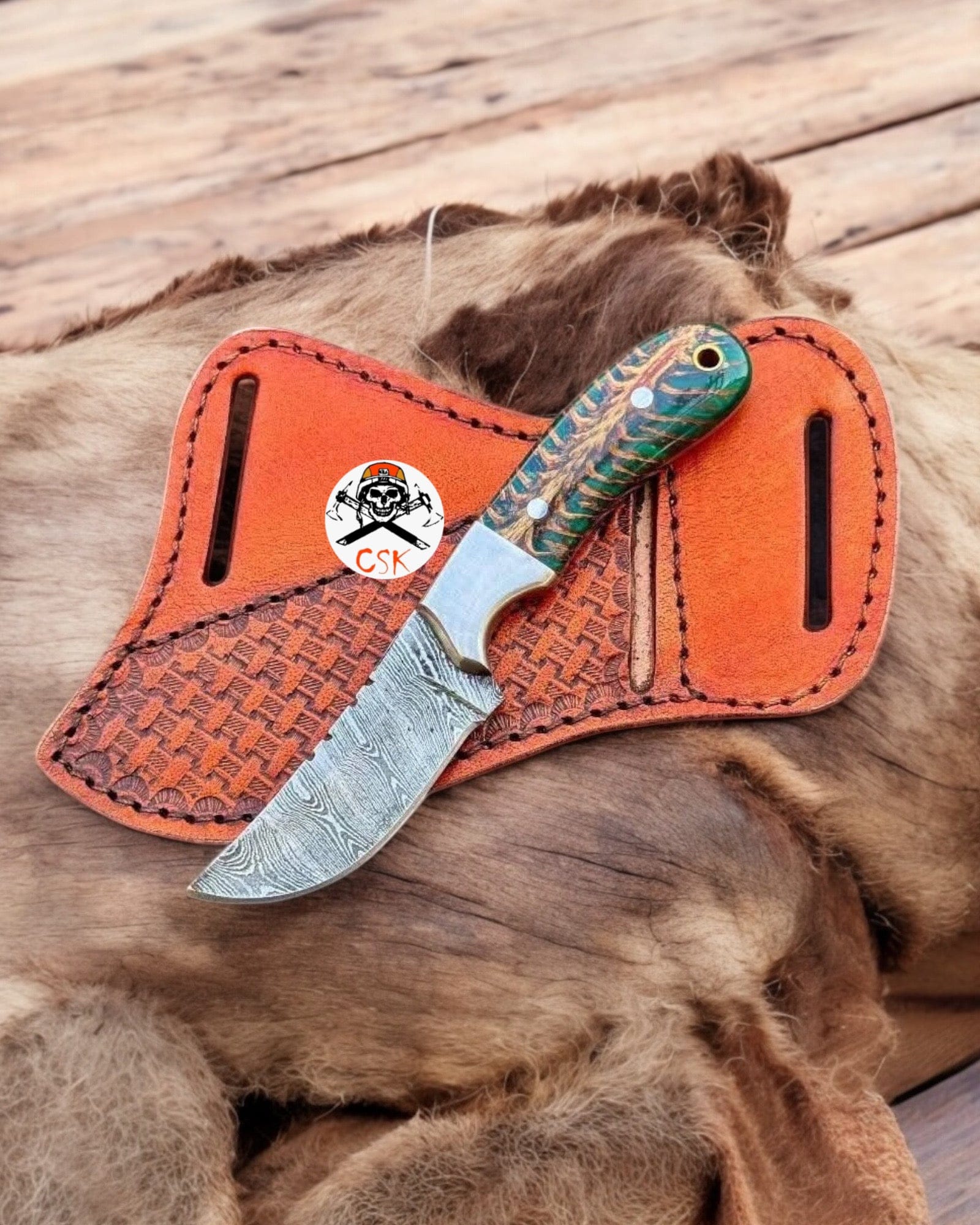 cskforged Hunting knives Ranch Cowboy Hunting Knife with Green Epoxy Pine Cone Resin Handle