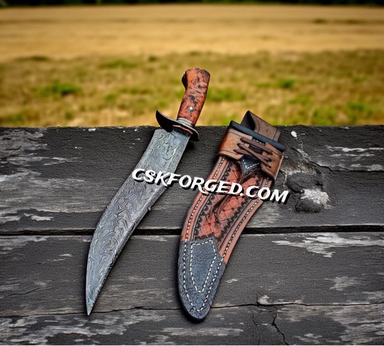 cskforged Hunting knives Stormbreaker Damascus Bowie With Custom Leather Pouch