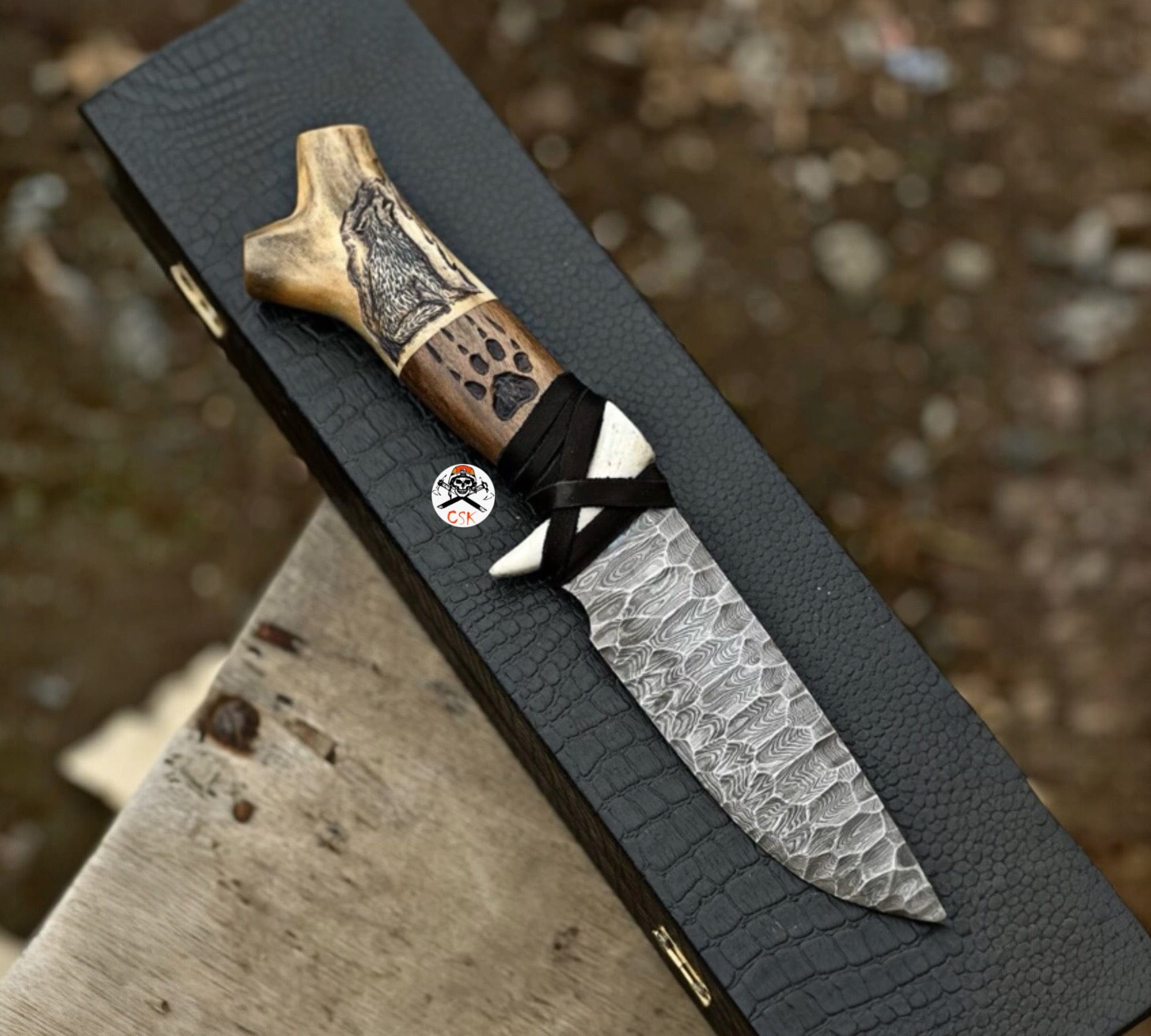 cskforged Hunting knives The Wolf’s Howl – Hand-Forged Damascus Hunting Knife with Carved Antler Handle