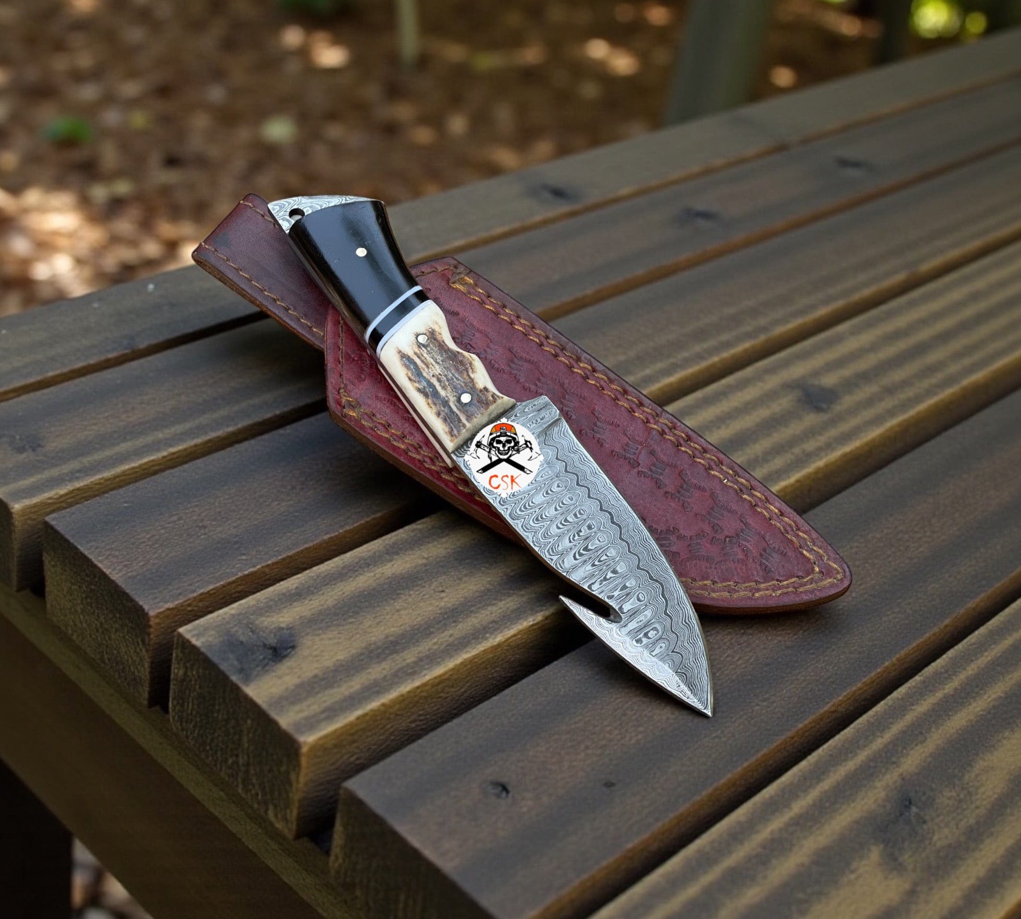 cskforged Hunting knives Trailblazer's Damascus Blade - 9" Hunting Knife with Leather Sheath