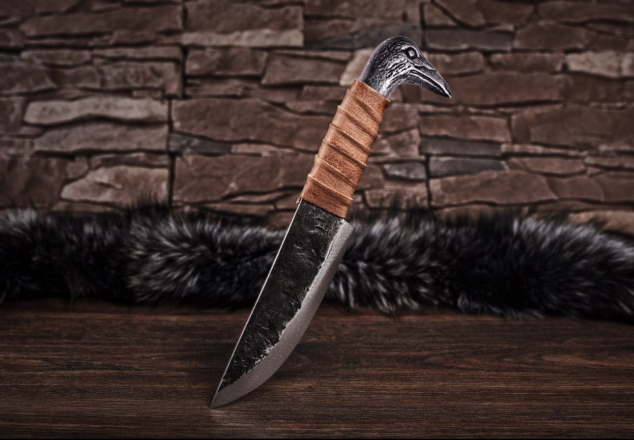 cskforged Hunting knives Viking Knife With Raven's Head Hilt & Leather Sheath - 5.5" Carbon Steel Sharp blade - Utility and Hunting Knife