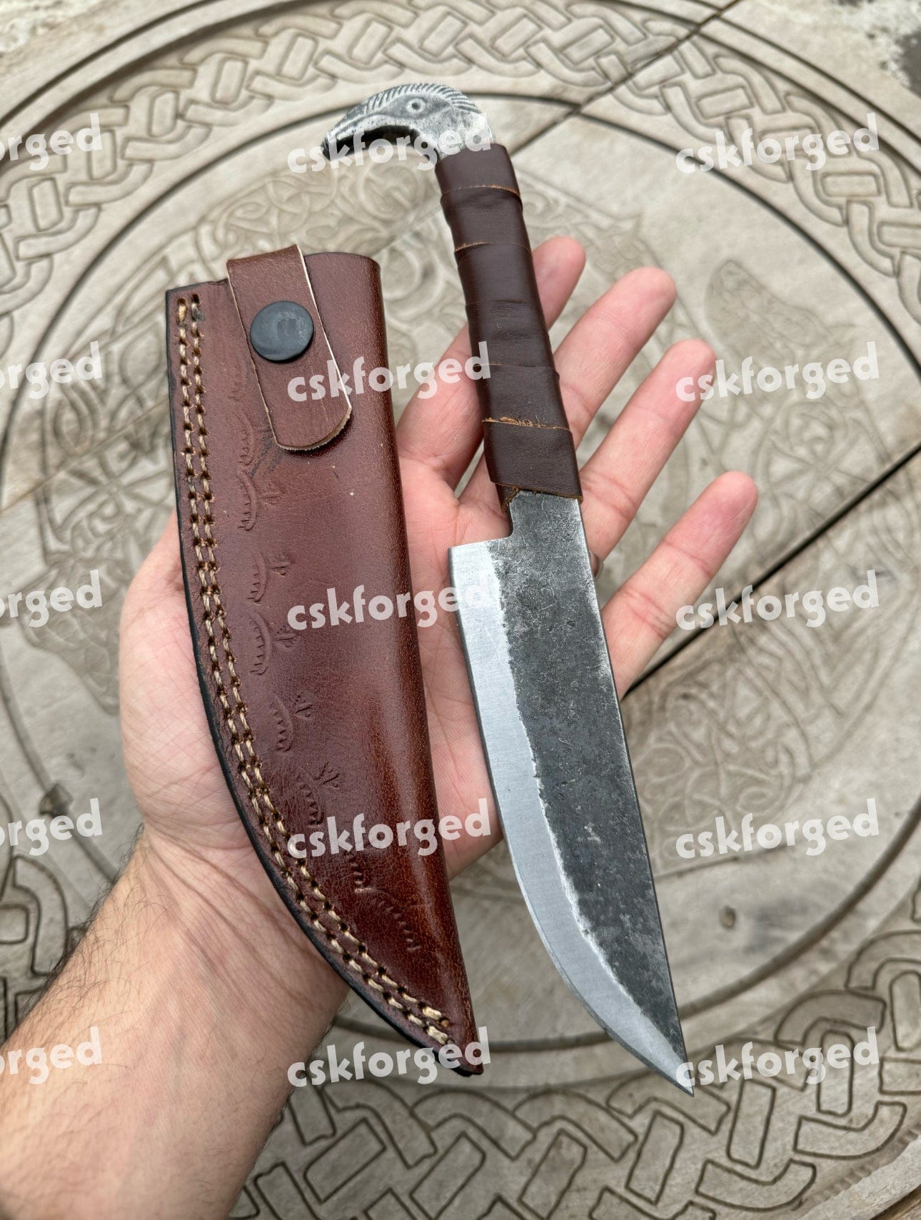 cskforged Hunting knives Viking Knife With Raven's Head Hilt & Leather Sheath - 5.5" Carbon Steel Sharp blade - Utility and Hunting Knife