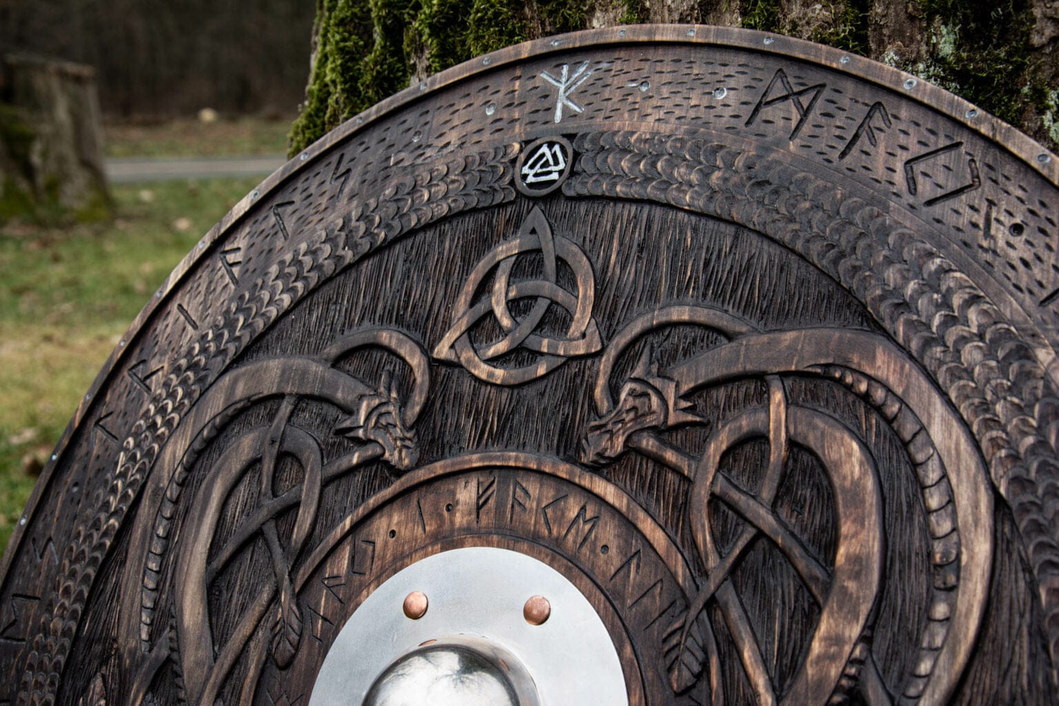 cskforged Hunting knives Viking shield with carved Norse Runic