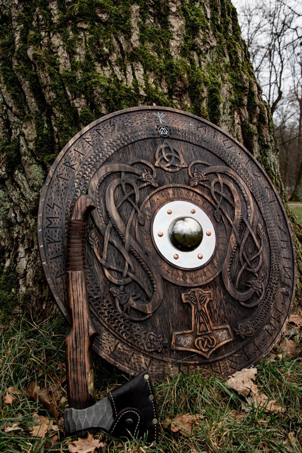cskforged Hunting knives Viking shield with carved Norse Runic
