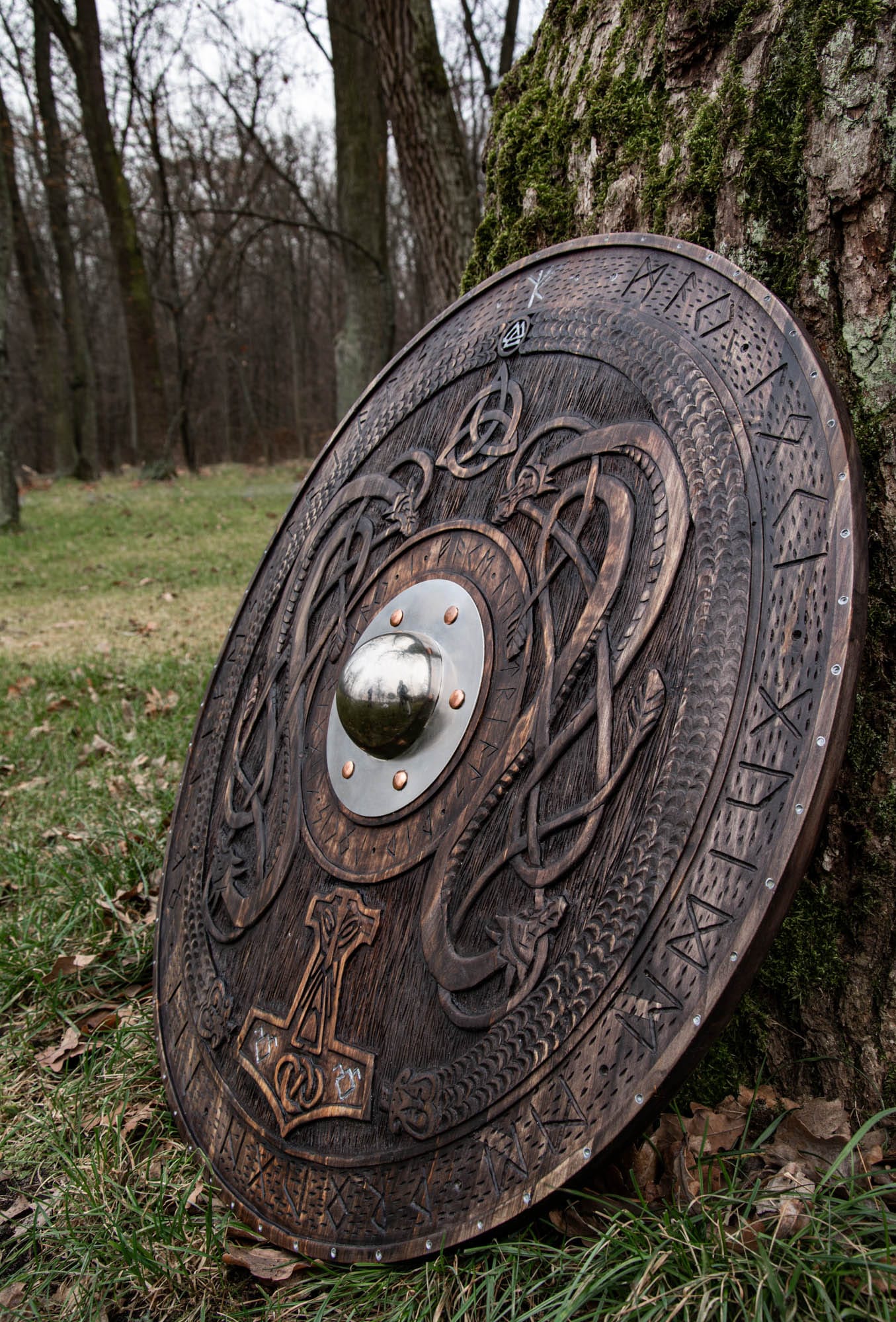 cskforged Hunting knives Viking shield with carved Norse Runic
