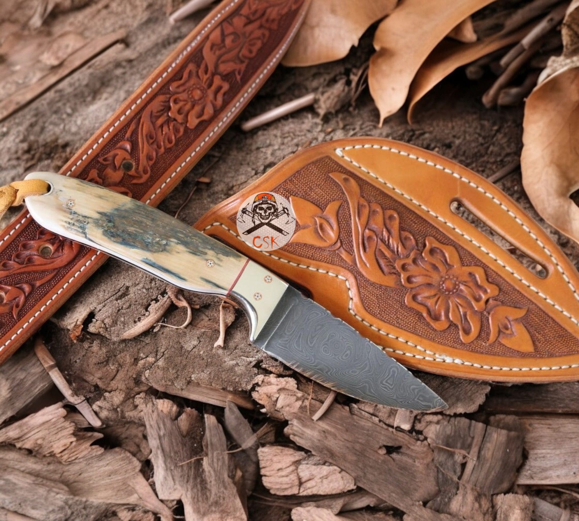 cskforged Hunting knives Western Cowboy Belt Knife with Damascus Blade