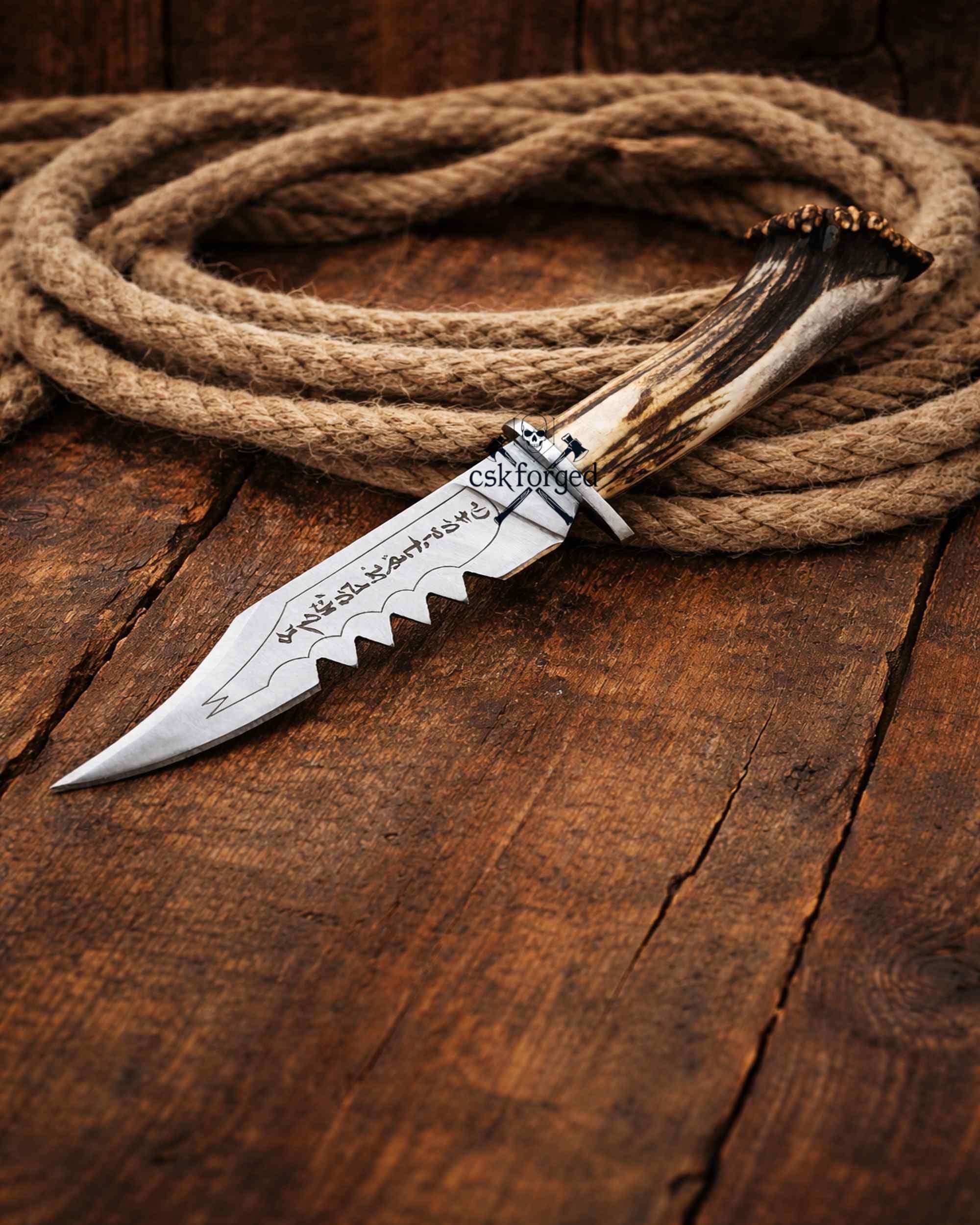 cskforged Hunting & Survival Knives Frontier Demon Hunting Knife – Custom Forged Ruby Blade with Stag Handle