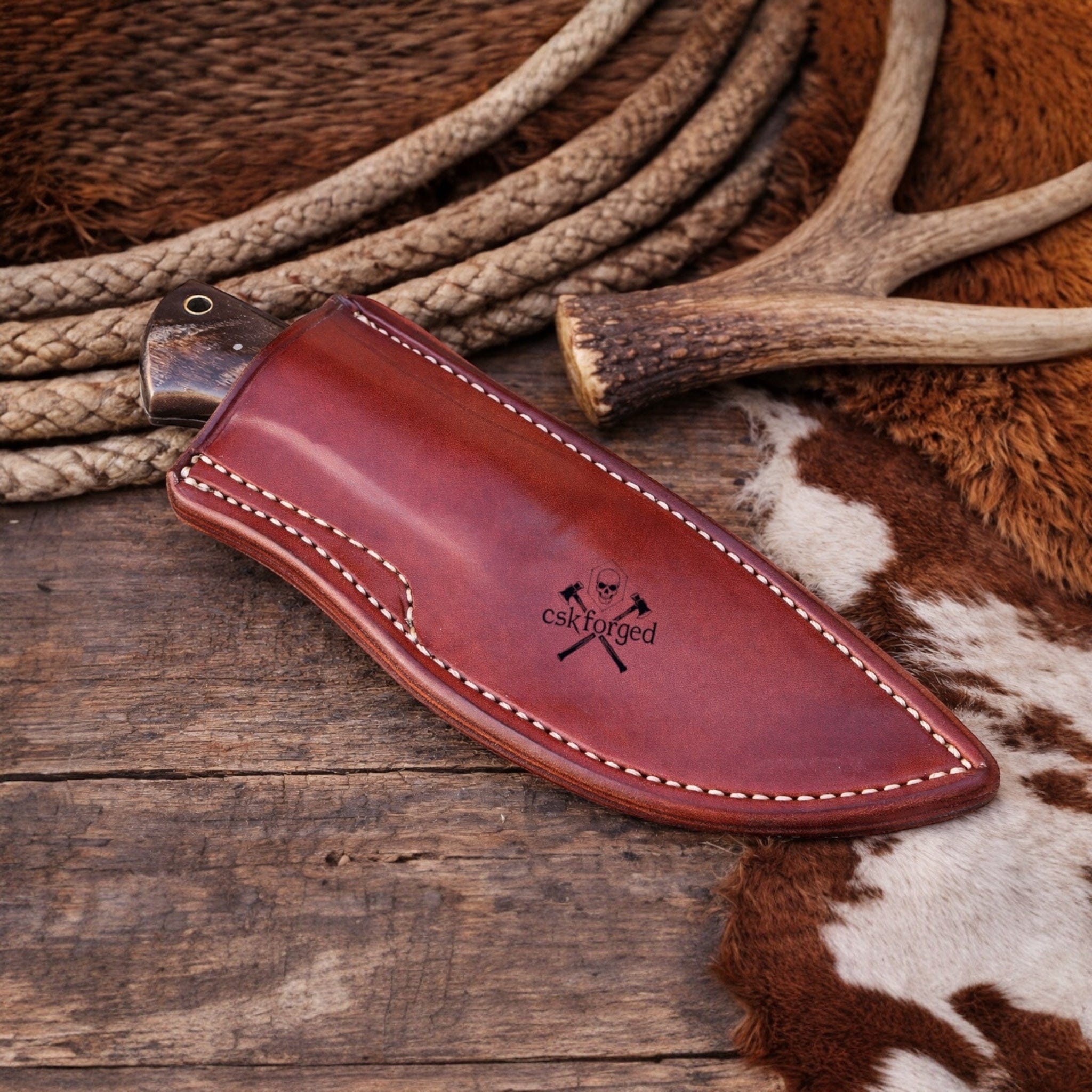 cskforged Hunting & Survival Knives Handmade Damascus Buckaroo Ranch Knife with Buffalo Horn Handle & Leather Belt Sheath