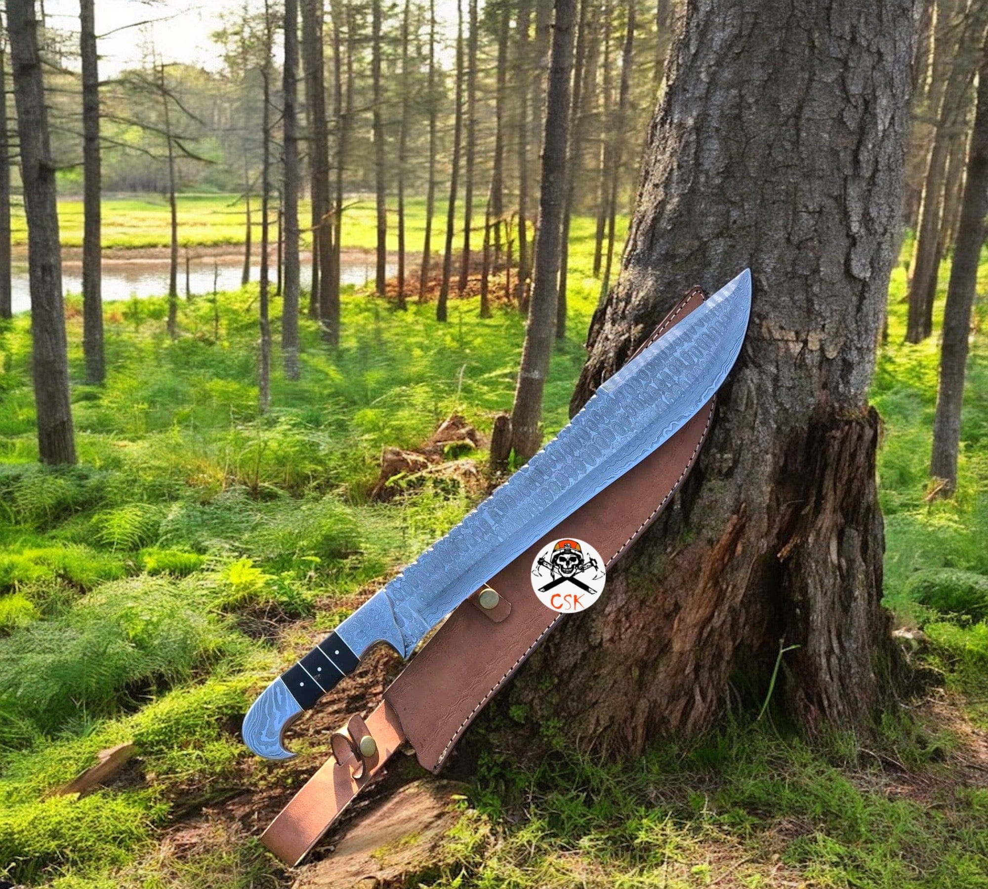 cskforged Knife Best Hunting & Camping Knife | Full Tang Raindrop Damascus Blade | Resin & Damascus Bolster Handle | 17 Inches | Leather Sheath