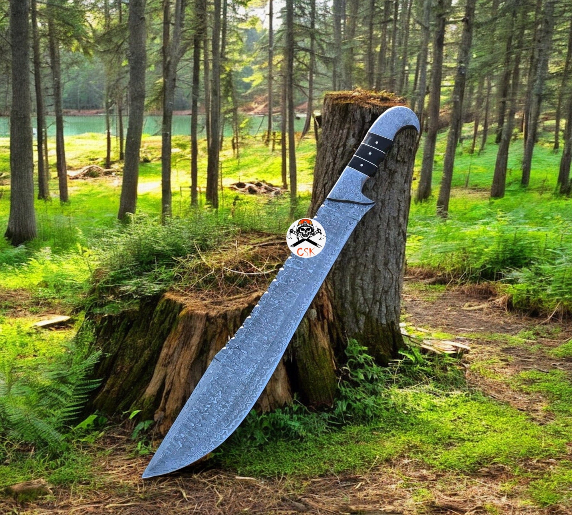 cskforged Knife Best Hunting & Camping Knife | Full Tang Raindrop Damascus Blade | Resin & Damascus Bolster Handle | 17 Inches | Leather Sheath