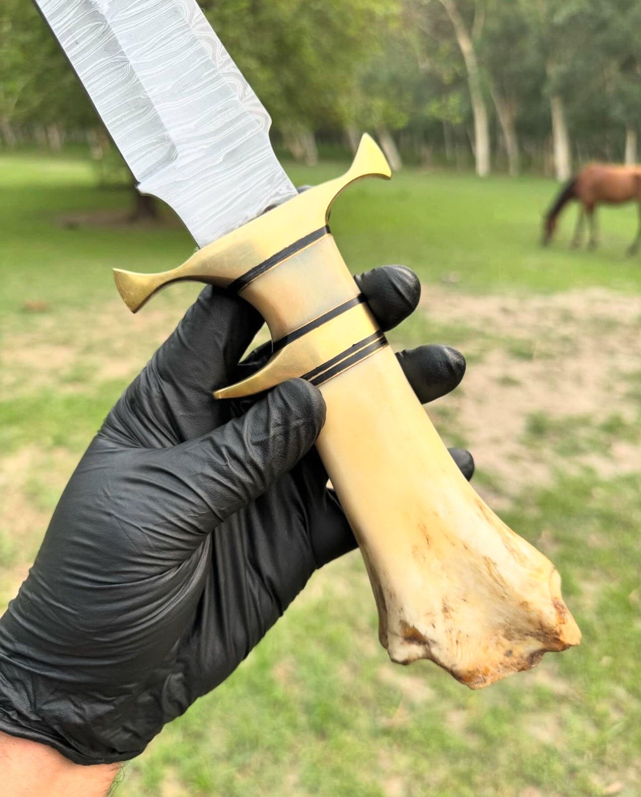 cskforged Knife Damascus Steel Camping Knife with Brass Guard and Camel Bone Handle"
