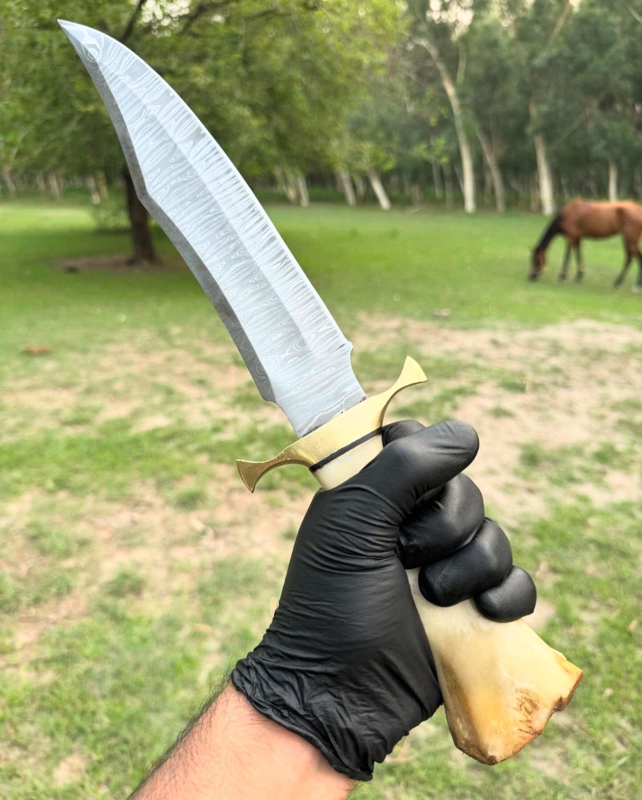 cskforged Knife Damascus Steel Camping Knife with Brass Guard and Camel Bone Handle"