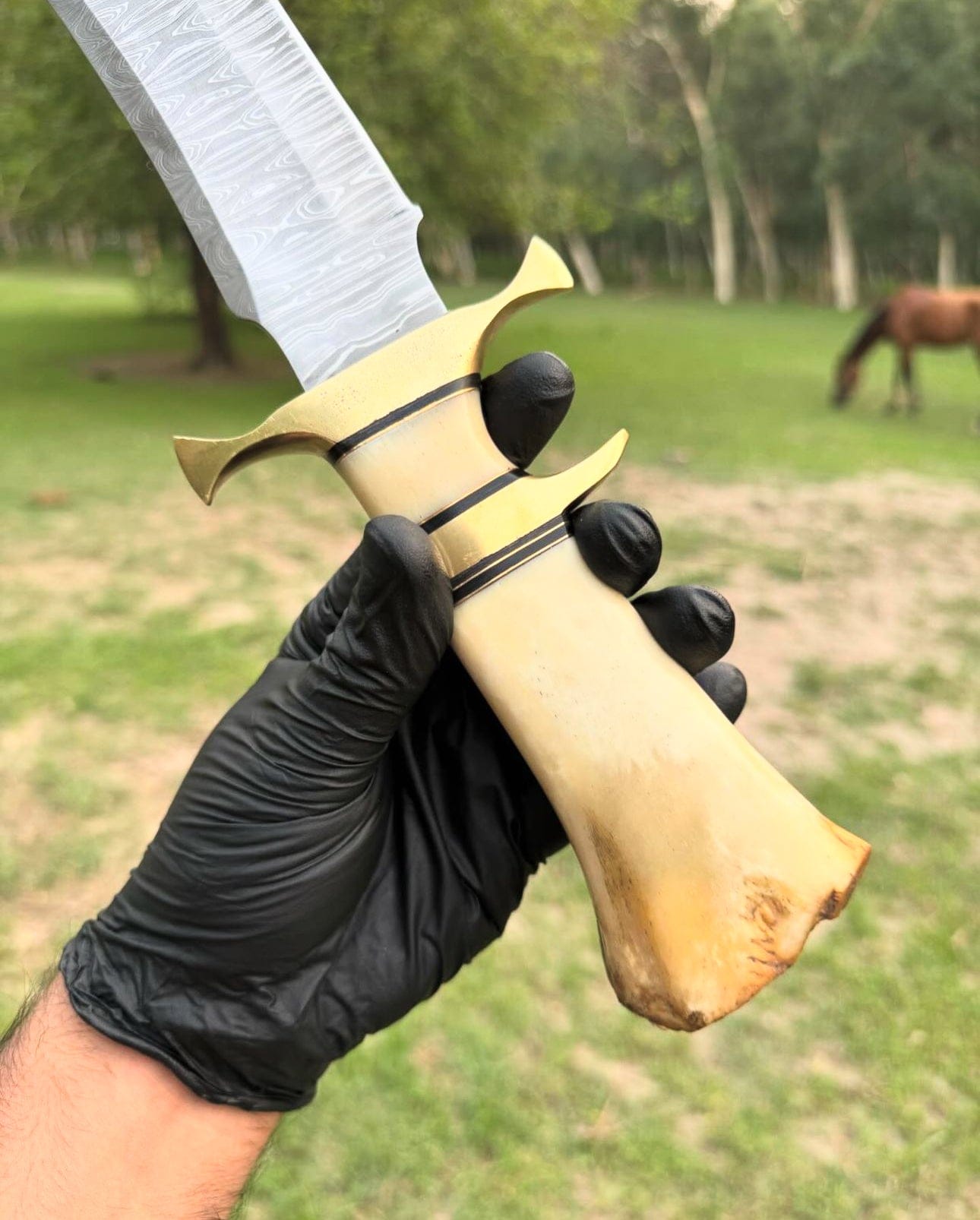 cskforged Knife Damascus Steel Camping Knife with Brass Guard and Camel Bone Handle"