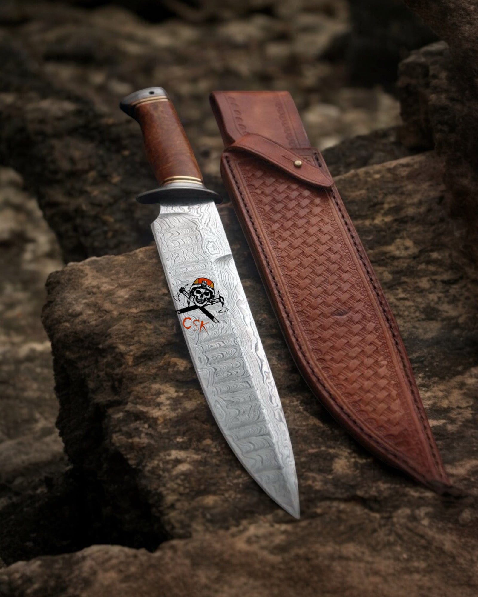 cskforged Knife Hand-Forged Damascus Knife – 12’’ Clip-Point Blade, Hardwood & Brass Handle