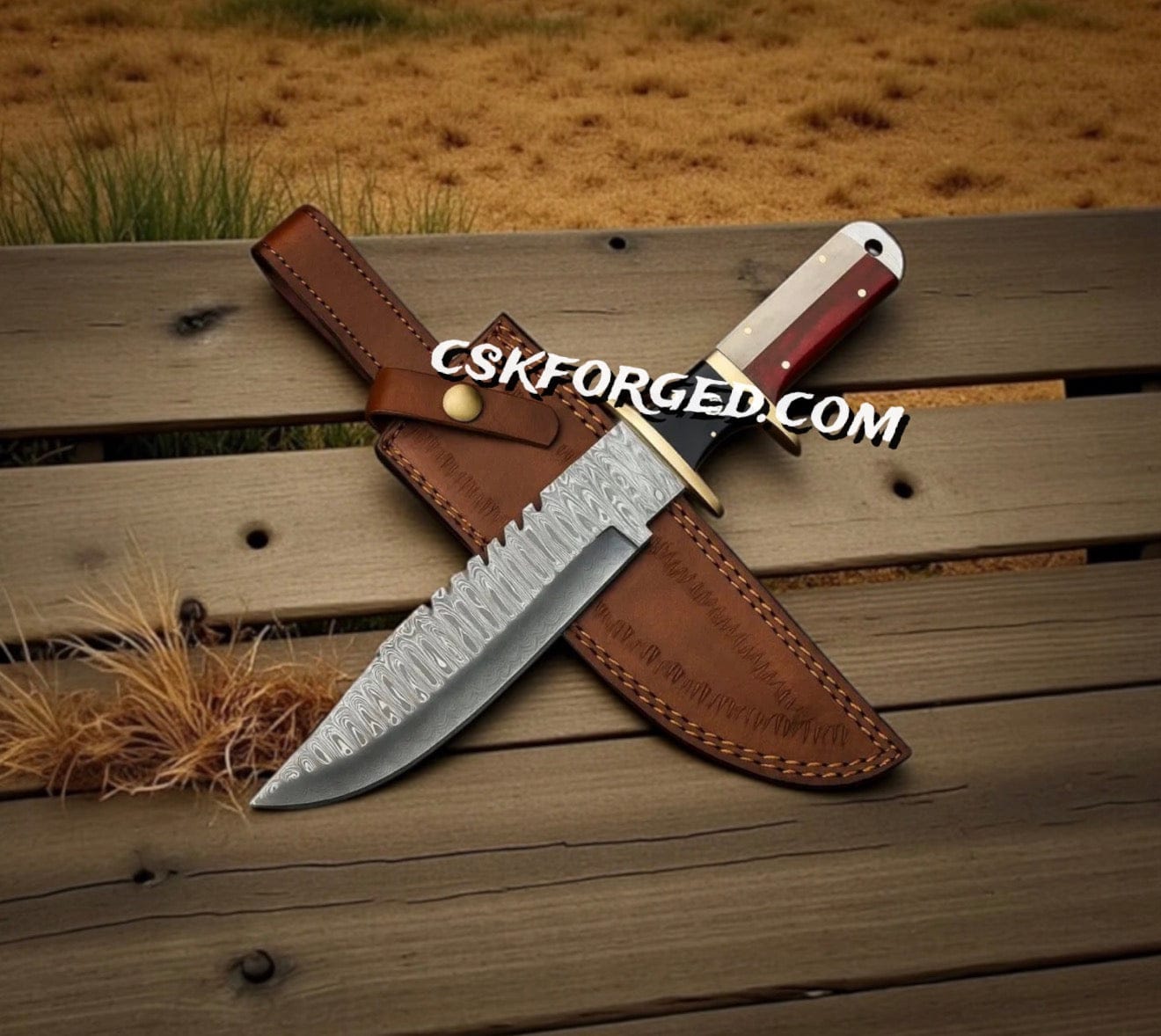 cskforged Knife Hand-Forged Damascus Steel Hunting Knife | Custom Fixed Blade with Leather Sheath