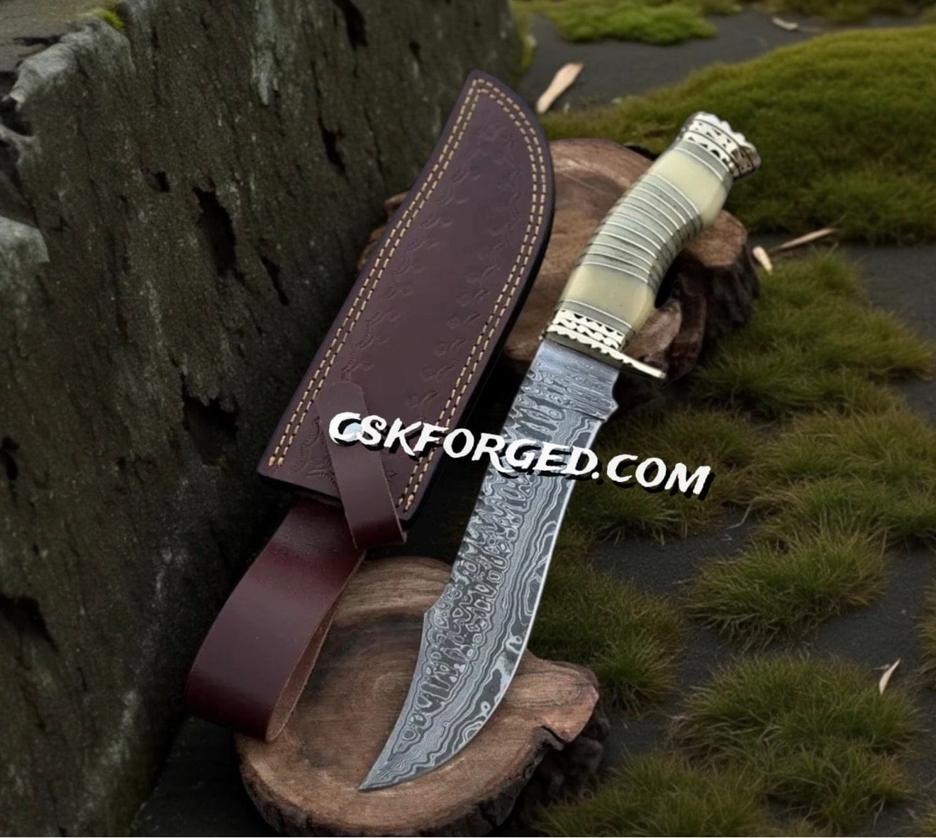 cskforged Knife Handcrafted Modern Bowie Knife - Damascus Steel Blade with Handmade Bone Handle and Brass Guard