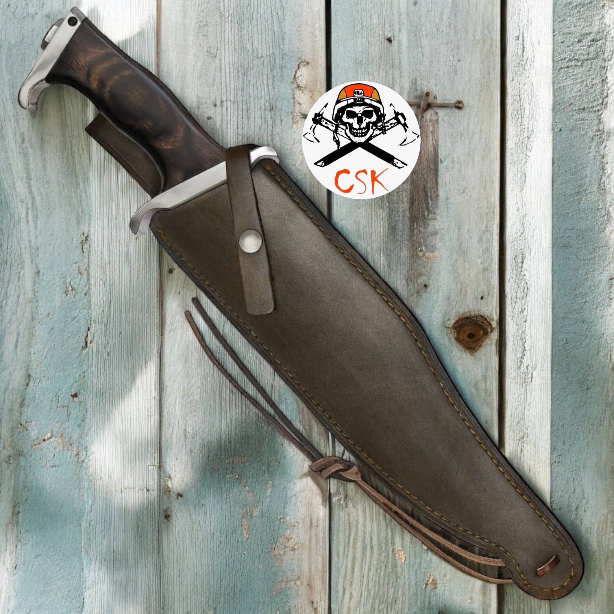 cskforged Knife Hibben III Handmade Knife - Leather Sheath - Stainless Steel Blade, Wooden Handle - Length 17