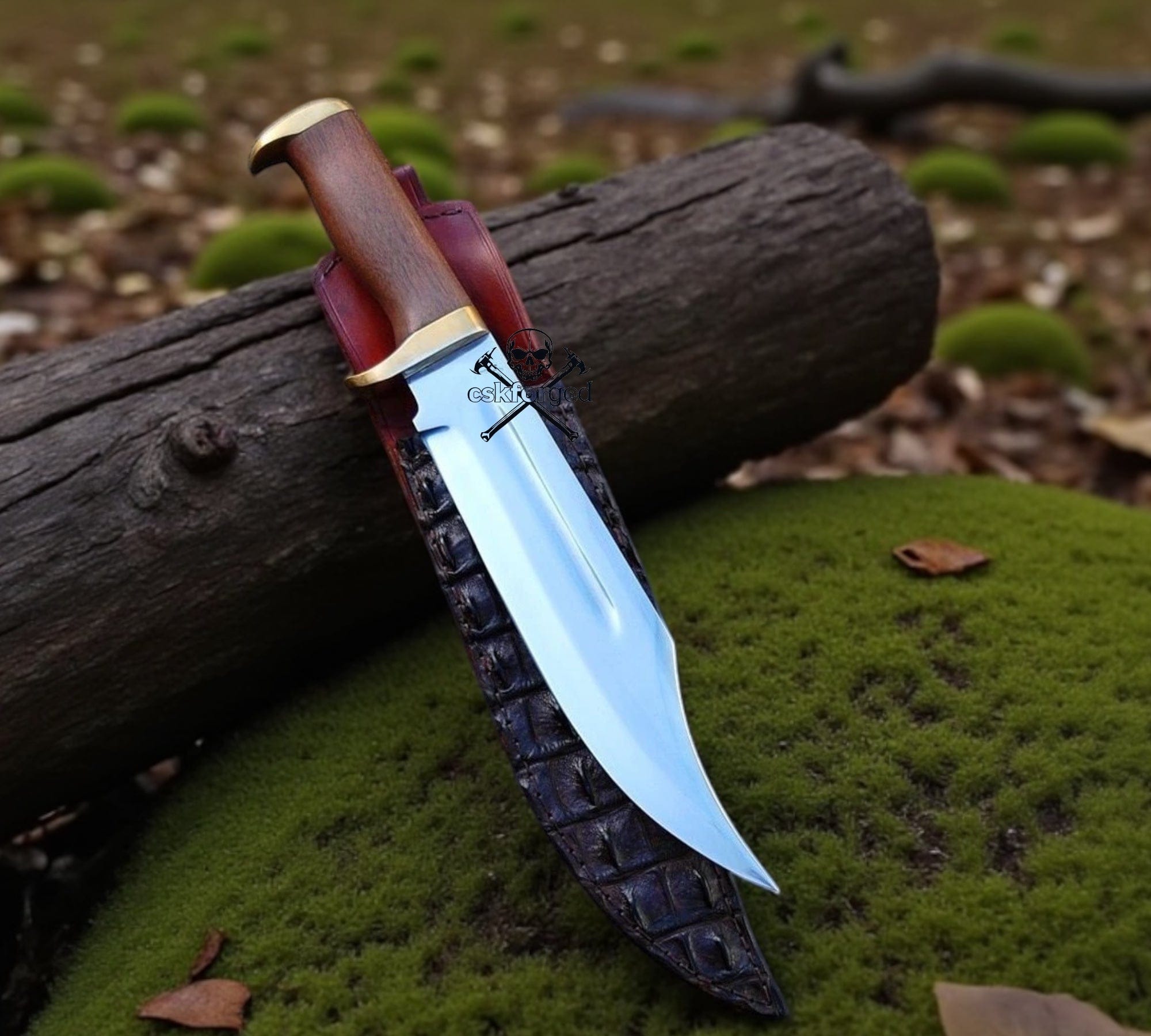 cskforged Knife Mick Bowie Knife - 15" D2 Steel Blade, Wood Handle & Leather Sheath